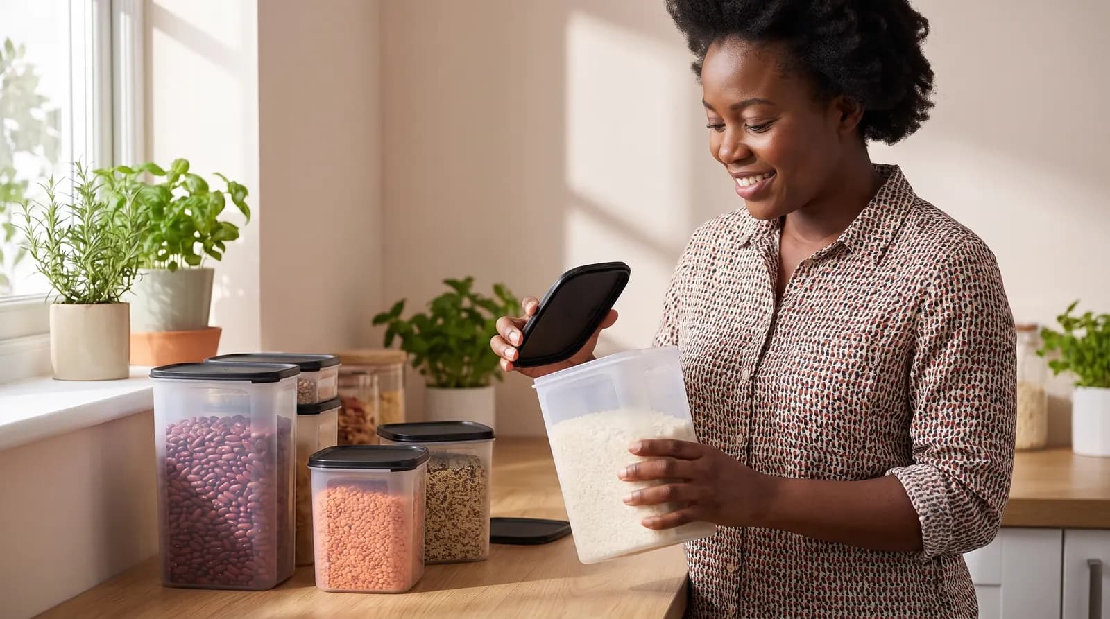 A kitchen counter of sealed storage canisters, being filled