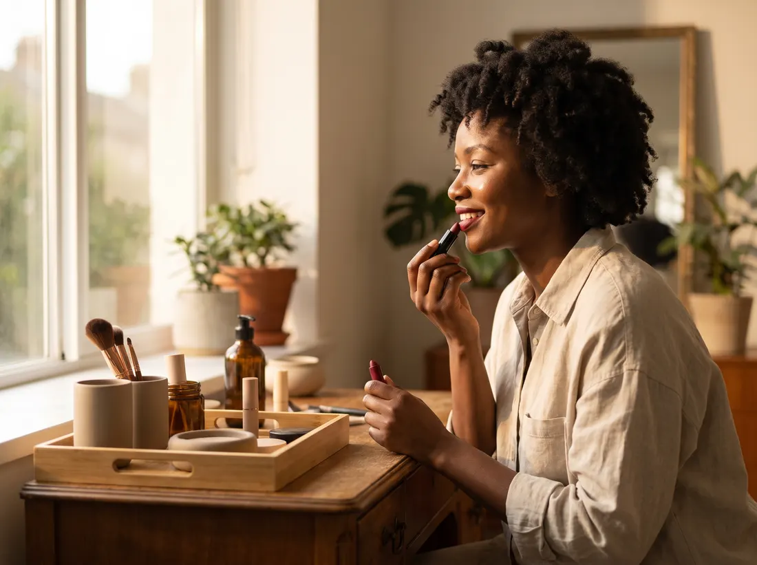 Applying lipstick at a sunlit dressing table