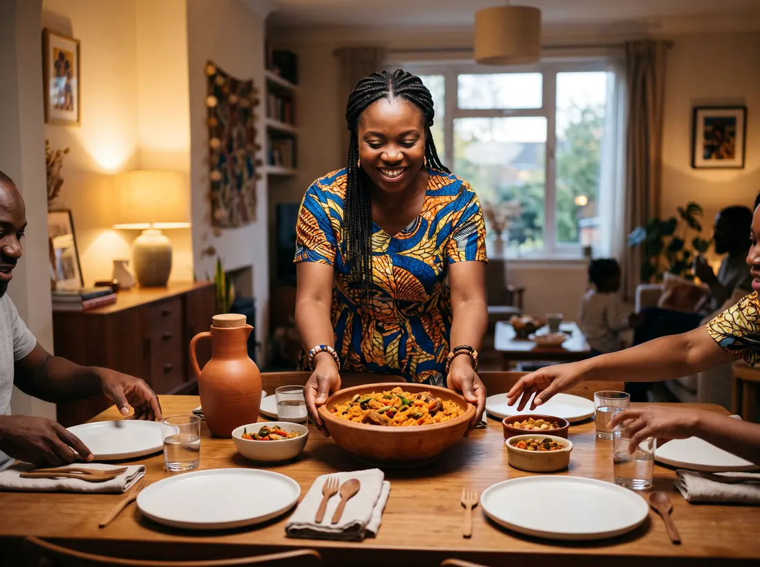 Serving a meal at a laid table
