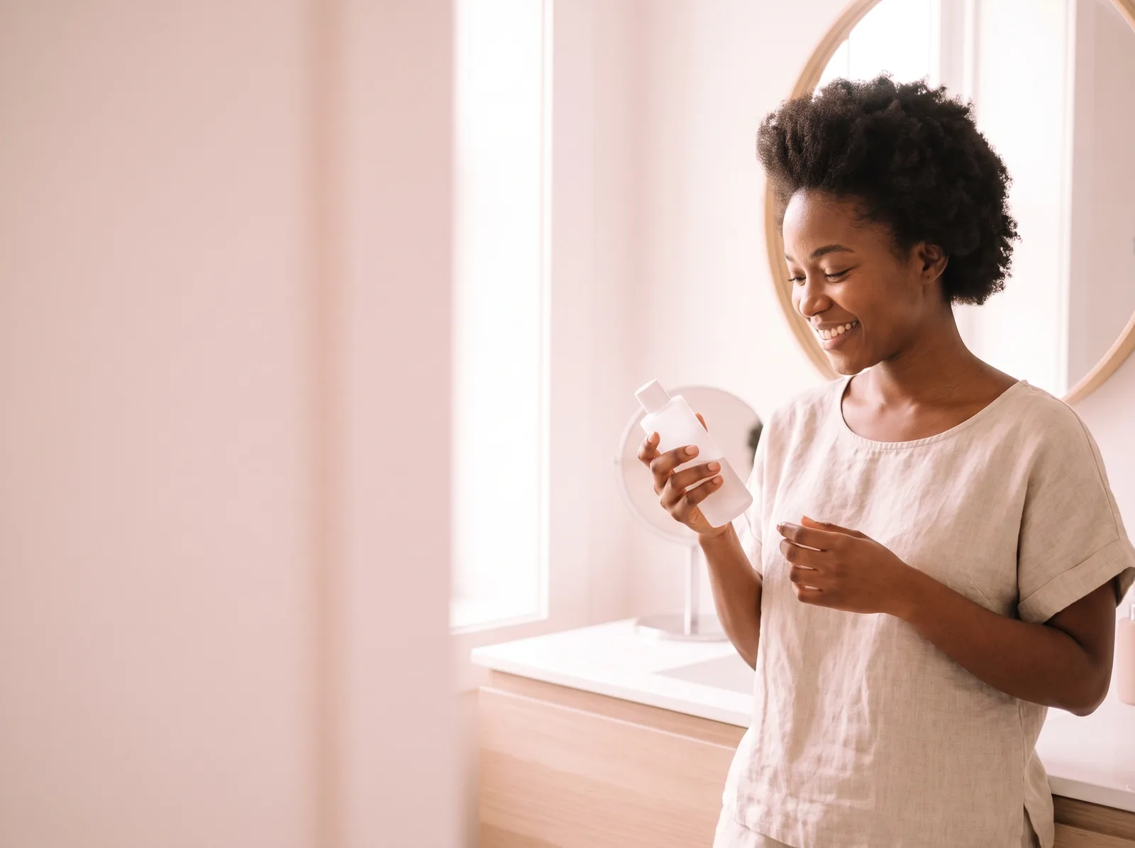 Holding a skincare bottle at a bright bathroom vanity