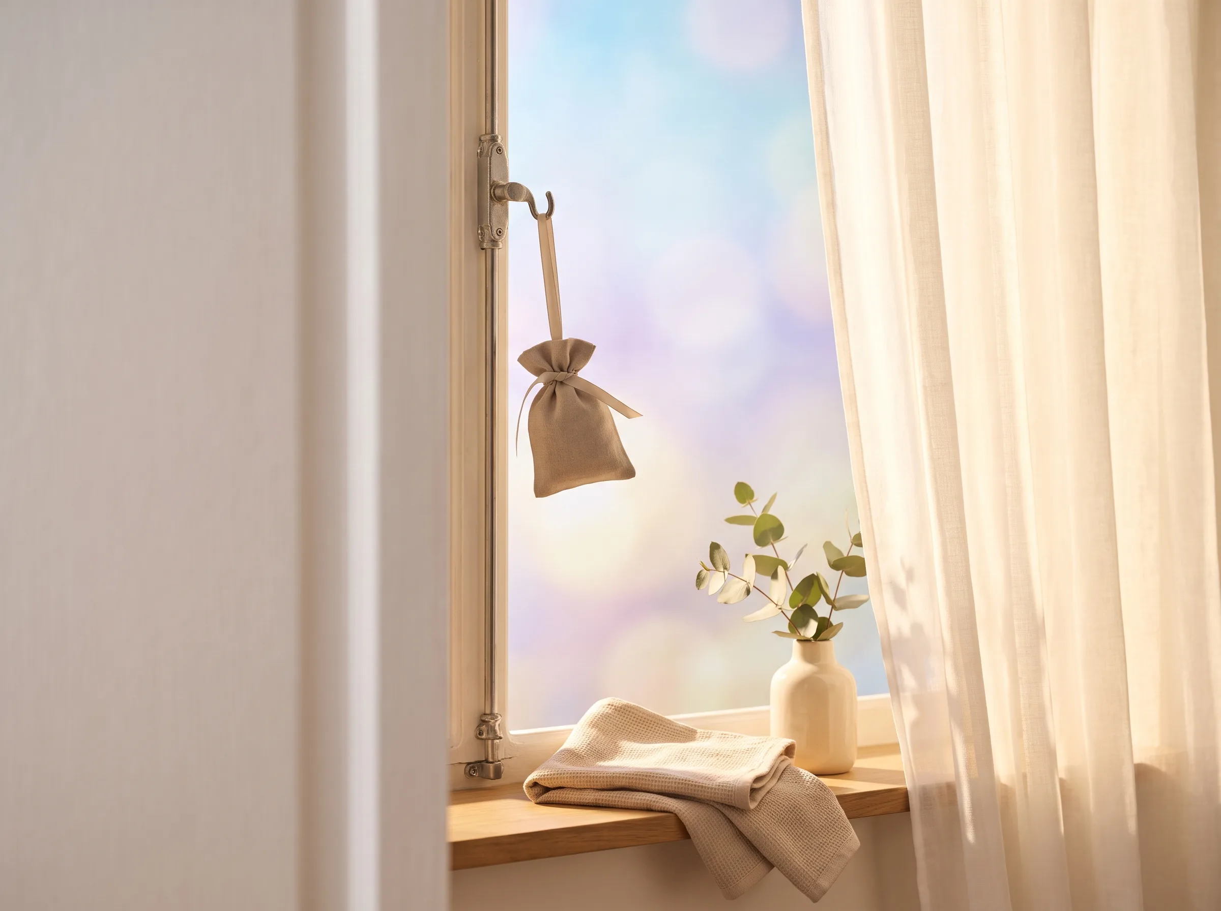 A hanging fragrance sachet at a sunlit window, next to folded towels